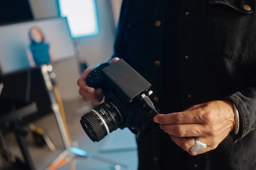 Business executive presenting in front of a camera during a corporate video shoot